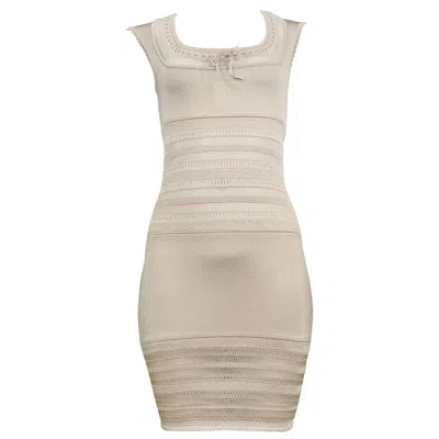 Pre-owned Alaïa Iconic Vintage Alaia Neutral Tone Lace Bodycon Knit Dress 1990's In Sand