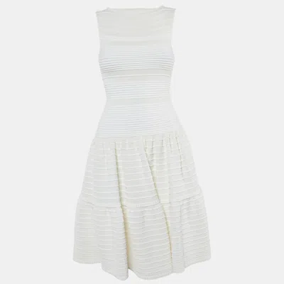 Pre-owned Alaïa Ivory Ribbed Knit Fit & Flare Dress M In White