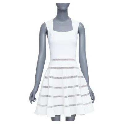 Pre-owned Alaïa Alaia Ivory Viscose Blend Square Neck Sheer Lattice Knit Fit Flare Dress Fr36 S In White