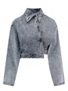 Alaïa Wrap Denim Cropped Asymmetric Jacket In Blue