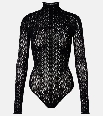 Alaïa Highneck Stretch Lace Bodysuit In Black