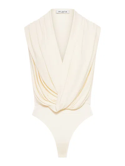 Alaïa Jersey Bodysuit With Hood In Neutral