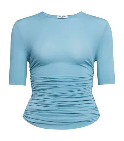 Alaïa Jersey Gathered T-shirt In Blue