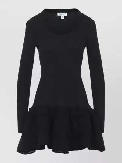 Alaïa Knit Dress Long Sleeves Round Neckline Ruffles In Black