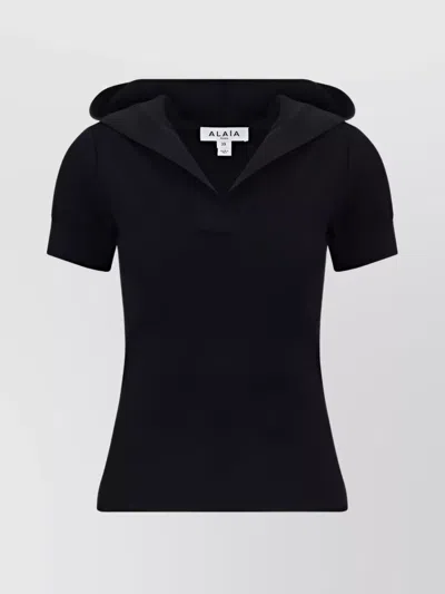 Alaïa Knit Monochrome Hooded Top In Black