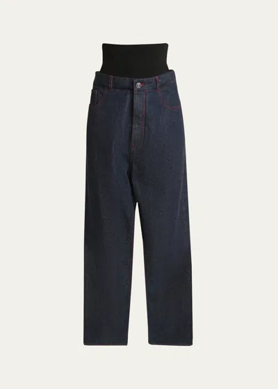 Alaïa Knit Waistband Dark Wash Denim Pants In Bleu Denim