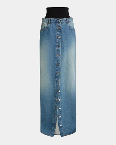 ALAÏA KNIT WAISTBAND PILLAR LONG DENIM SKIRT