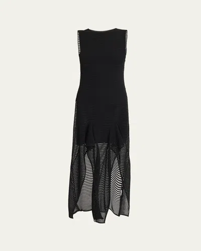 ALAÏA LADDER KNIT SLEEVELESS RUFFLE-SLITS MIDI DRESS