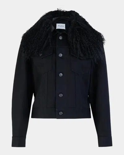 Alaïa Lamb Shearling Collar Denim Trucker Jacket In Blue
