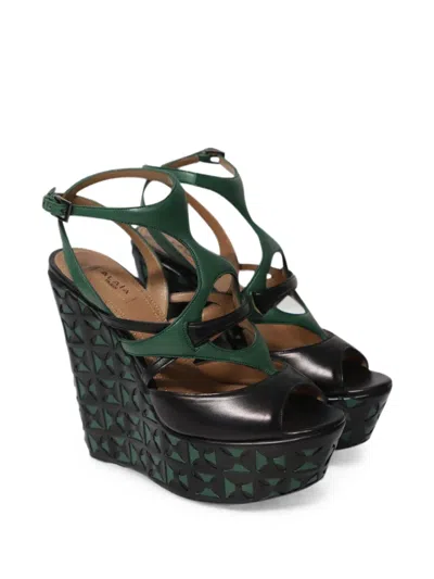 Pre-owned Alaïa Laser-cut Basket Weave Wedge Sandals In Green