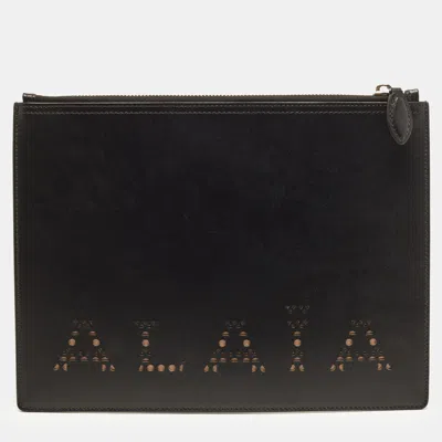 Pre-owned Alaïa Lasercut Logo Black Leather Flat Pouch