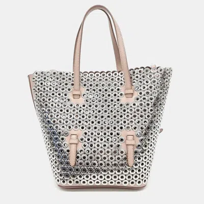 Pre-owned Alaïa Laser-cut Punching Beige Silver Leather And Mesh Tote And Shoulder Bag In Sand