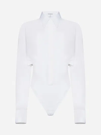 Alaïa Sheer Collared Long-sleeve Bodysuit In White