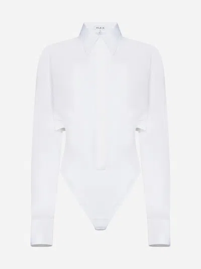 Alaïa Sheer Collared Long-sleeve Bodysuit In Blanc