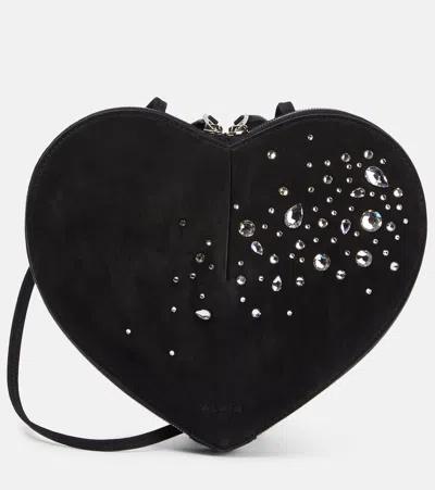Alaïa Le Caur Embellished Suede Shoulder Bag In Black