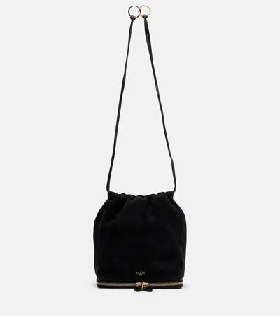 Alaïa Le Pochon Leather-trimmed Suede Shoulder Bag In White