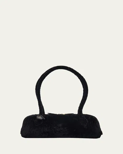 Alaïa Le Teckel Shaved Shearling Medium Shoulder Bag In Black