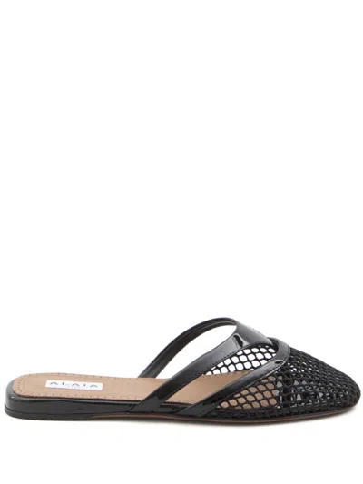 Alaïa Fishnet And Leather Flip Flops Flat Mules Shoes In Multi