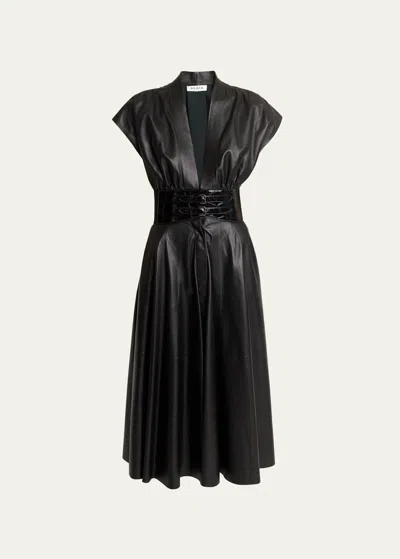 Alaïa Leather Belted V-neck Flared Midi Dress In Black