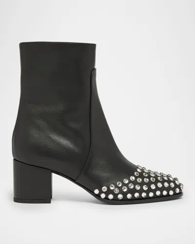 ALAÏA LEATHER CRYSTAL STUD CAP-TOE ANKLE BOOTIES