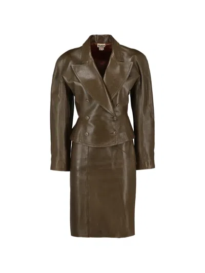 Pre-owned Alaïa Leather Skirt And Jacket Set In Brown