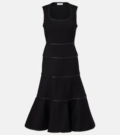 Alaïa Leather-trimmed Wool Midi Dress In Black