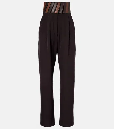 Alaïa Leather-trimmed Wool Straight Pants In Brown