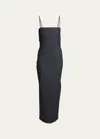 Alaïa Blue Spaghetti Strap Denim Midi Dress In Bleu Fonce
