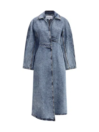 Alaïa Spiral Denim Trench In Bleu Neige