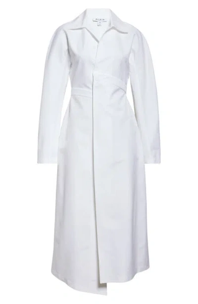 Alaïa Long Sleeve Cotton Poplin Midi Wrap Shirtdress In Blanc