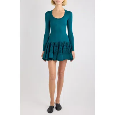 Alaïa Long Sleeve Ruffle Drop Waist Wool Blend Minidress In Blue