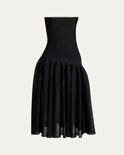 Alaïa Long Strapless Pleated Fit-flare Dress In Noir Alaia