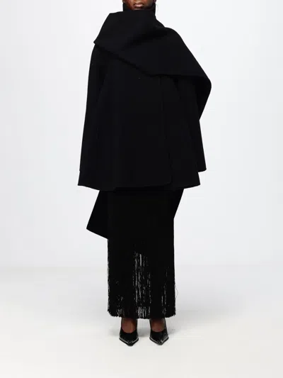 Alaïa Long Wool Cape With Hood And Asymmetric Hem In Black