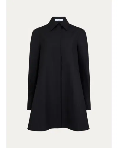 Alaïa Long-sleeve A-line Cotton Poplin Mini Shirtdress In Black