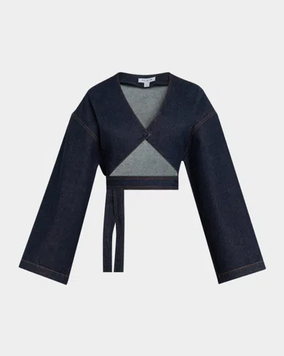 Alaïa Long-sleeve Denim Crop Wrap Top In Blue