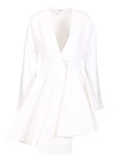 Alaïa Asym Belt Dress In Poplin In White