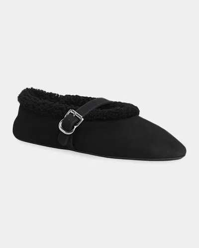 Alaïa Merino Suede Shearling Mary Jane Ballerina Flats In Black