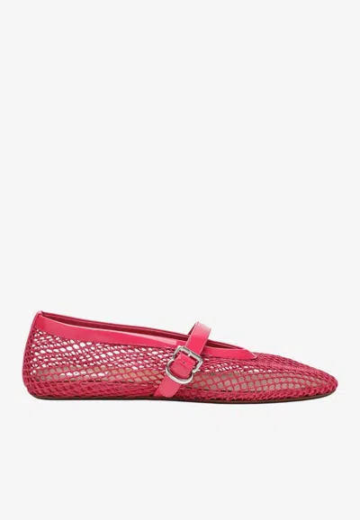 Alaïa Mesh Ballerina Flats With Patent Buckled Strap In Pink