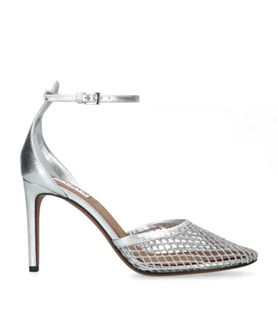 Alaïa 90 Fishnet And Metallic Leather Pumps In Silver