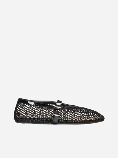 ALAÏA PATENT LEATHER-TRIMMED MESH BALLET FLATS