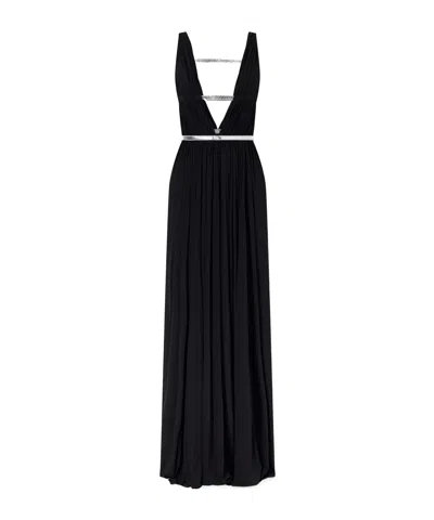 Alaïa Metallic Elaphe-trimmed Pleated Jersey Gown In Black