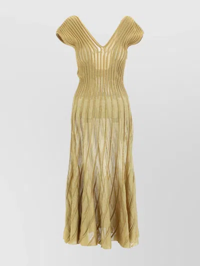 Alaïa Metallic Pleated Sheer Dress V-neck In Gold
