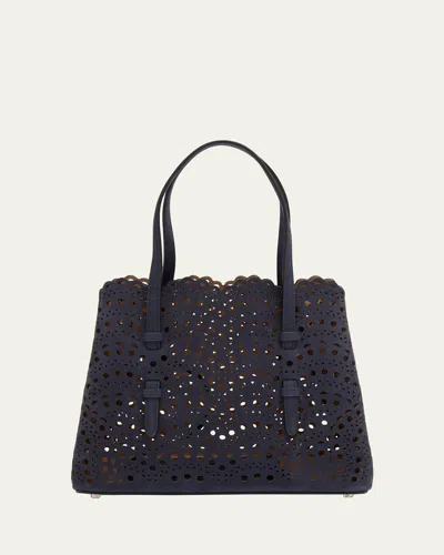 Alaïa Mina 25 Tote Bag In Perforated Nubuck Leather In 530  Bleu Fonce