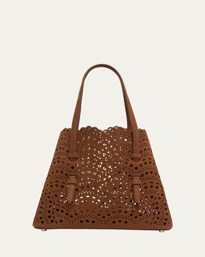 Alaïa Mina 25 Tote Bag In Perforated Nubuck Leather In Terre De Ombre
