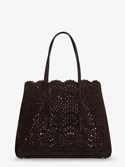 Alaïa Mina 37 Leather With Vienne Motif Shoulder Bag In Brown