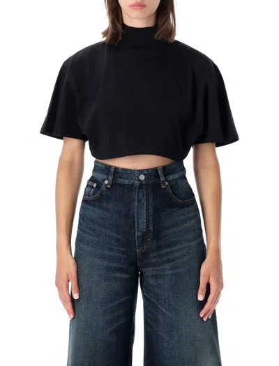 Alaïa Alaia Mini Boxy Cropped Cotton T-shirt With Ribbed Mock Neck In Black