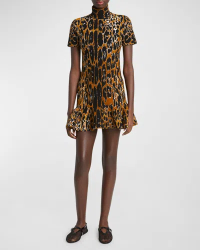 ALAÏA MOCK-NECK LEOPARD SHORT-SLEEVE SKATER MINI DRESS