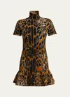 Alaïa Mock-neck Leopard Short-sleeve Skater Mini Dress In Noir Multicolor