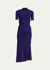 Alaïa Mock-neck Ruched Short-sleeve Slit Midi Dress In Violet F