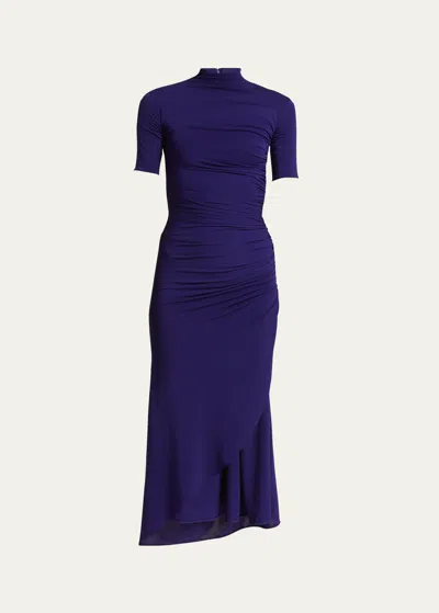 Alaïa Mock-neck Ruched Short-sleeve Slit Midi Dress In Violet F